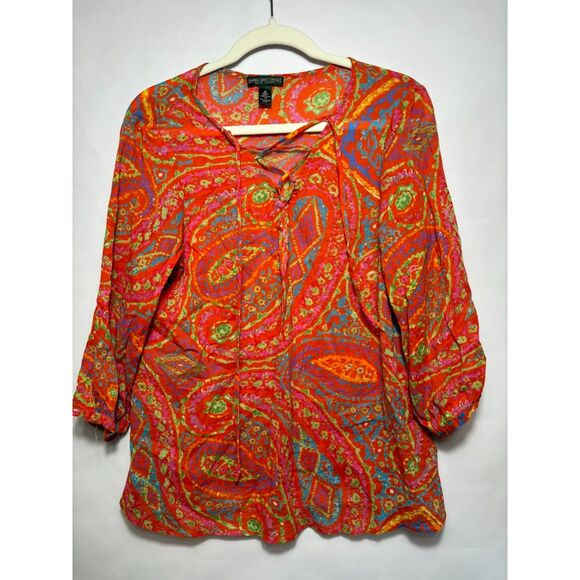 Ralph Lauren Jeans Company Blouse Women's Medium Orange Pink Paisley Tunic Top - Picture 2 of 3